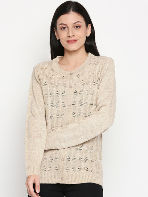 

RANGMANCH BY PANTALOONS Women Beige Self Design Cardigan Sweater