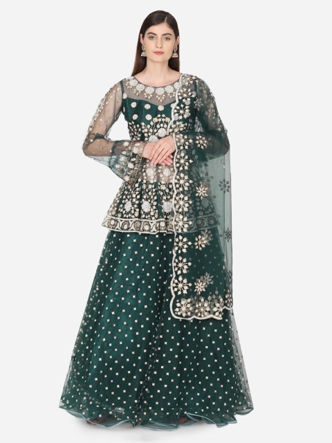 

BOMBAY SELECTIONS Green & White Embellished Ready to Wear Lehenga & Blouse with Dupatta