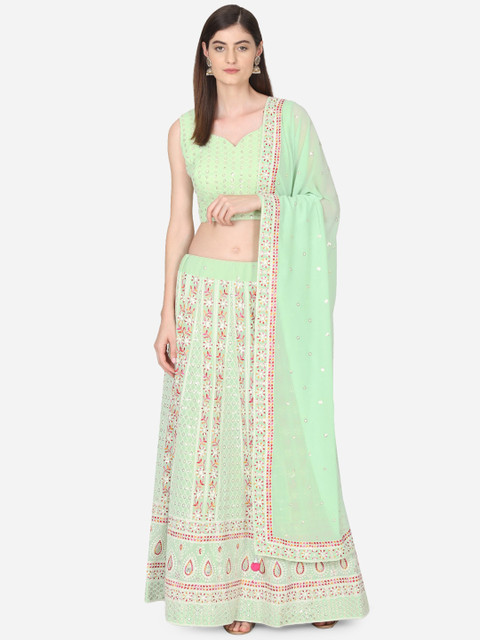 

BOMBAY SELECTIONS Sea Green & Pink Embroidered Ready to Wear Lehenga & Blouse with Dupatta