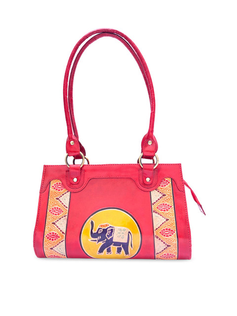

Golden Peacock Red & Yellow Printed Leather Handheld Bag