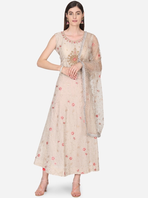 

BOMBAY SELECTIONS Women Beige Embroidered Kurta with Salwar & Dupatta