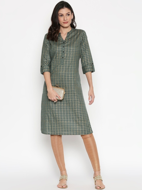 

RANGMANCH BY PANTALOONS Women Teal & Gold-Toned Checked Kurta