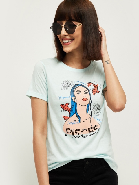 

max Women Blue Printed Round Neck T-shirt