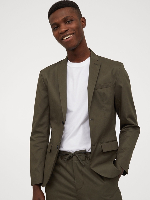 

H&M Men Olive Green Solid Slim Fit Unconstructed Blazer