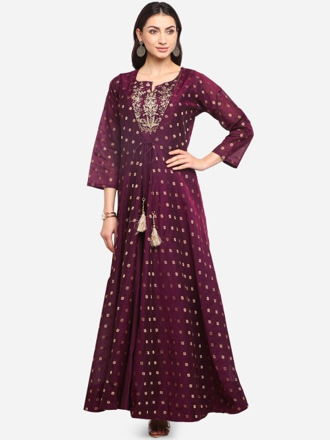 

BOMBAY SELECTIONS Women Purple & Gold Embroidered Kurta with Trousers With Shrug
