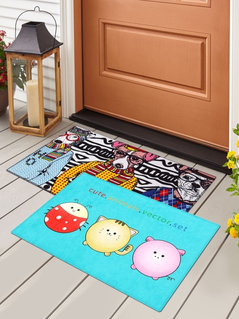 

Story@home Set Of 2 Printed Velvet Finish Anti-Skid Doormats, Turquoise blue