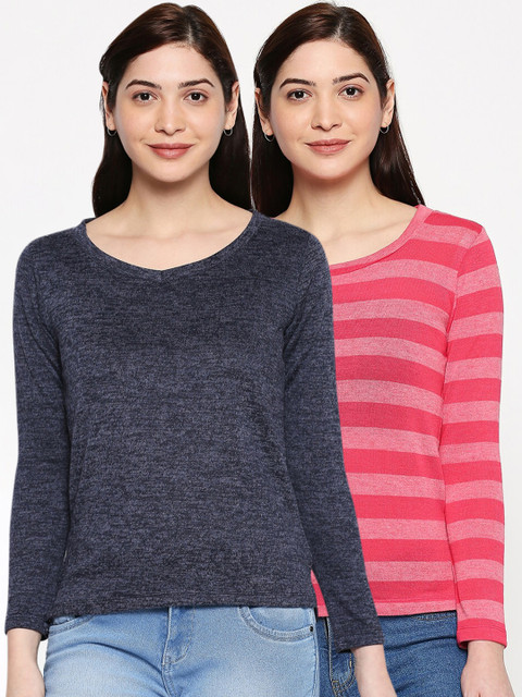 

inocenCia Women Navy Blue & Pink Pack Of 2 Striped Round Neck T-shirt