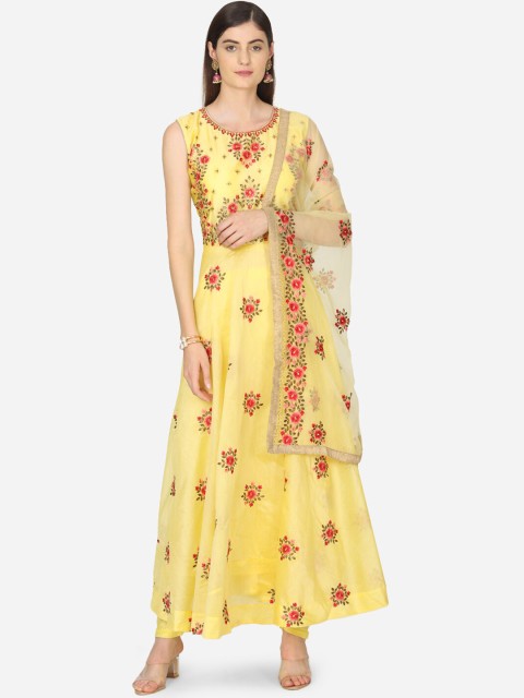 

BOMBAY SELECTIONS Women Yellow Embroidered Kurta with Churidar & Dupatta