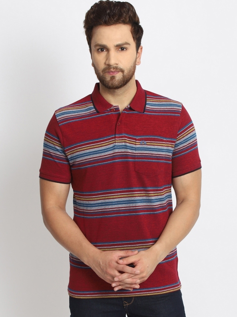 

98 Degree North Men Red Striped Polo Collar T-shirt