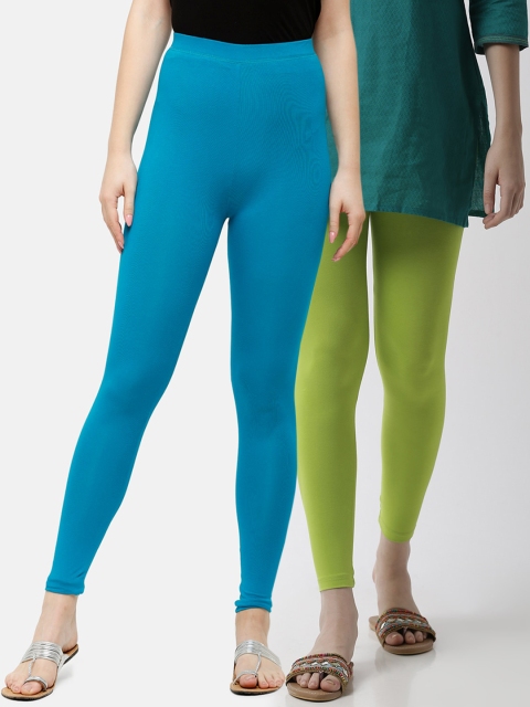 

De Moza Women Green & Blue Pack Of 2 Solid Ankle-Length Leggings