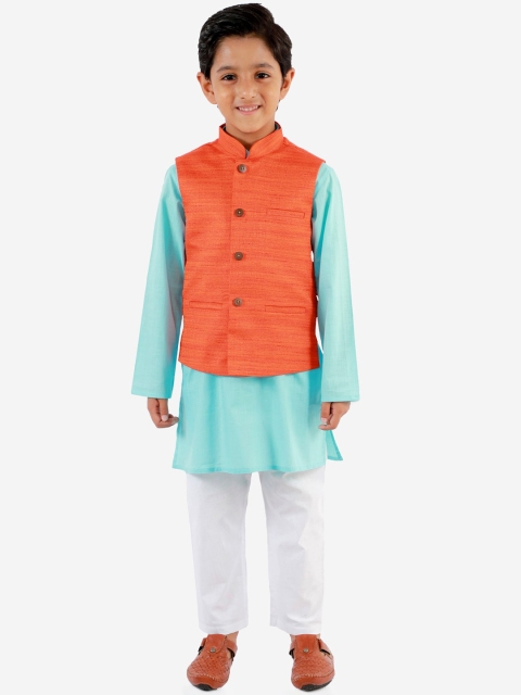 

VASTRAMAY Boys Blue & White Solid Kurta with Pyjamas & Nehru Jacket
