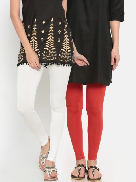

De Moza Women Pack Of 2 Off White & Red Solid Ankle-Length Leggings