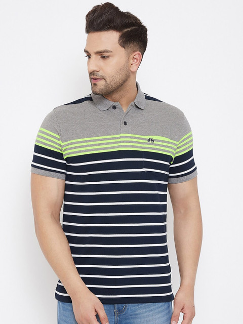 

98 Degree North Men Grey Striped Polo Collar T-shirt