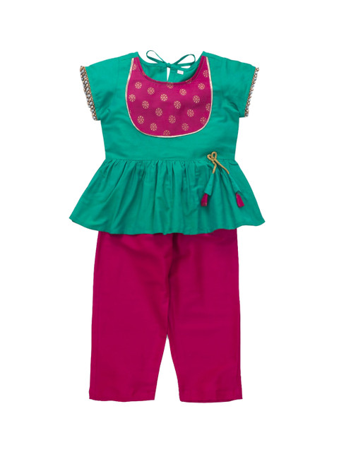 

The Magic Wand Girls Sea Green & Magenta Self Design Top with Palazzos
