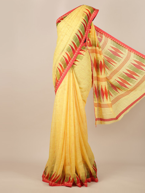 

Pothys Yellow Printed Linen Blend Saree