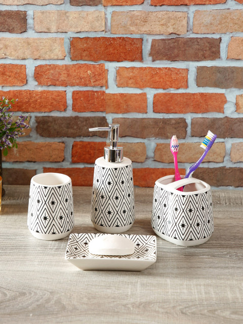 

House Of Accessories Set of 4 White & Black Printed Bathroom Accessories