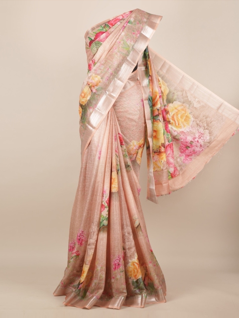 

Pothys Peach-Coloured & Silver-Toned Linen Blend Printed Saree