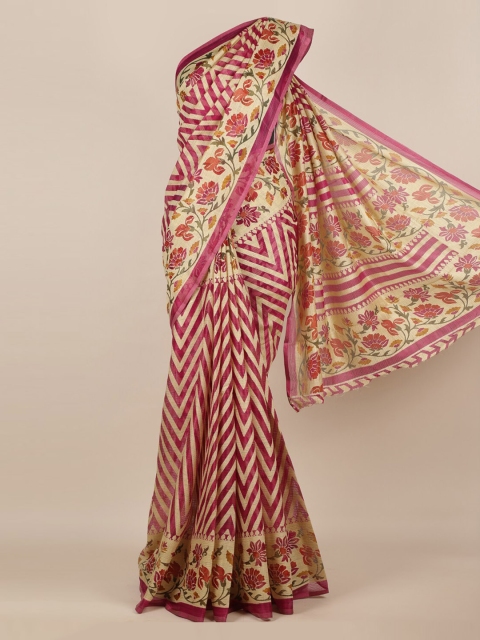 

Pothys Magenta & Cream-Coloured Jute Silk Printed Saree
