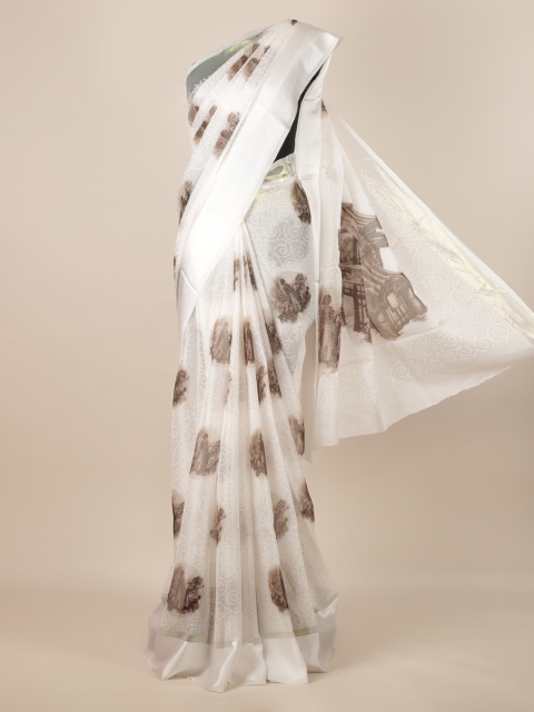 

Pothys White & Brown Jute Silk Floral Printed Saree