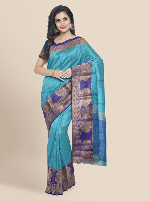 

KLM Fashion Mall Turquoise Blue Silk Blend Solid Banarasi Saree