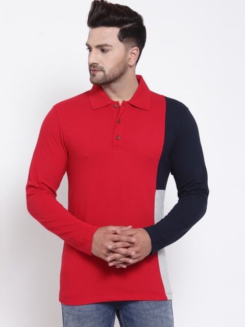 

Kalt Men Red & Navy Blue Colourblocked Polo Collar T-shirt