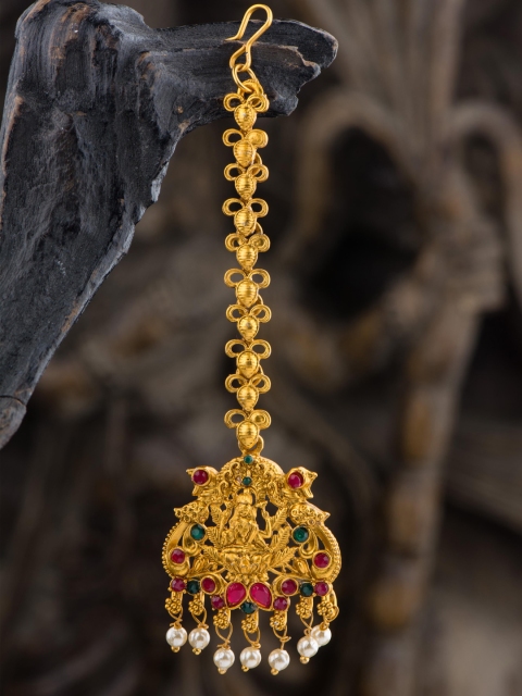 

Alankruthi Gold-Plated Pink & Green Stone-Studded & Beaded Temple Maang Tikka
