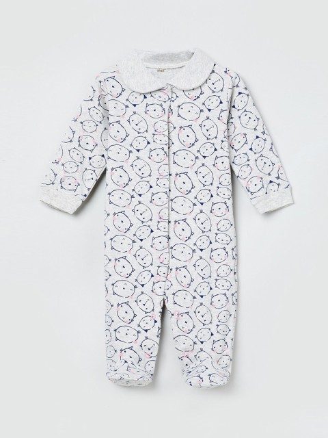 

max Infant Boys White & Blue Cotton Cat Face Printed Rompers