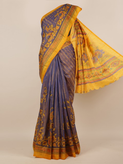 

Pothys Blue & Yellow Jute Silk Striped Saree