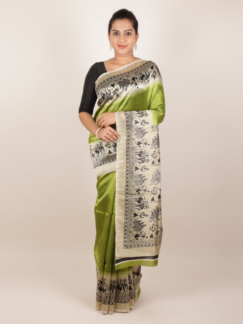 

Pothys Green Solid Jute Silk Saree