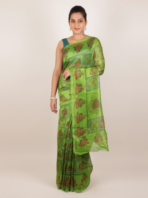 

Pothys Green & Red Jute Silk Printed Saree