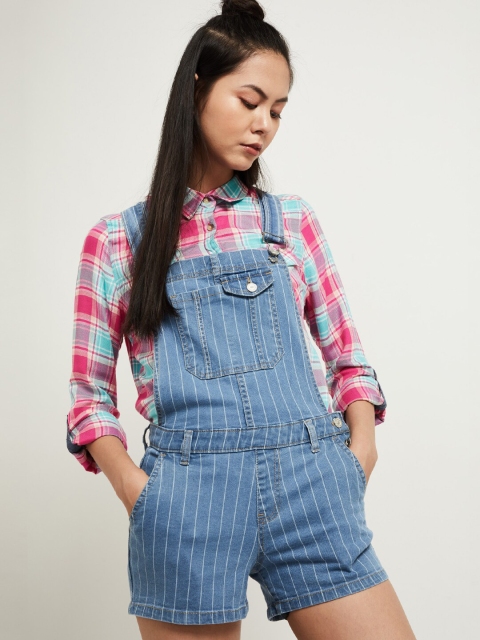 

max Women Blue & White Striped Slim-Fit Denim Dungaree