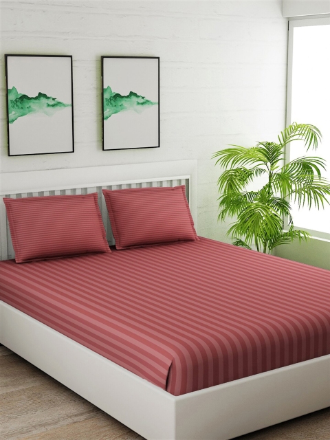 

Salona Bichona Maroon & Peach-Coloured Striped 180 TC Cotton 1 King Bedsheet with 2 Pillow Covers