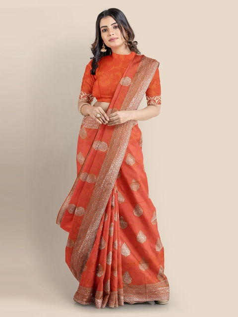 

KLM Fashion Mall Orange Silk Blend Woven Design Banarasi Saree