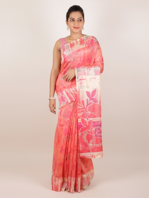 

Pothys Peach-Coloured Printed Jute Silk Saree