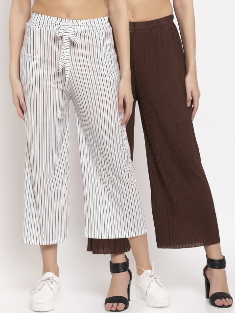 

KLOTTHE Women Pack Of 2 White & Coffee Brown Wide Leg Palazzos