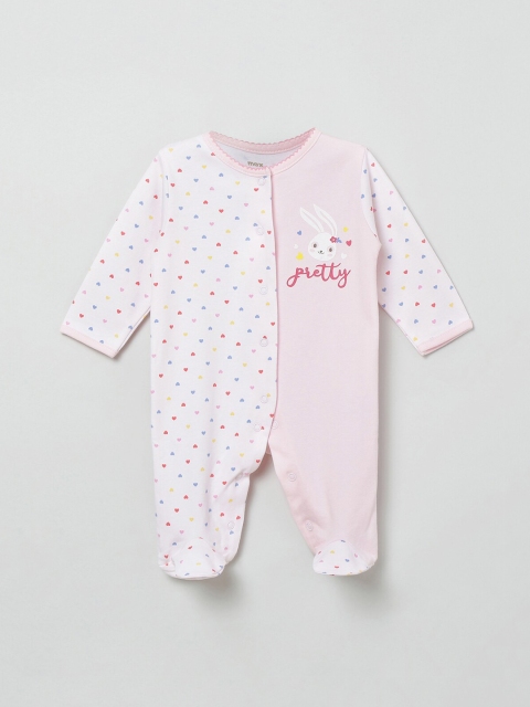 

max Infant Boys Pink & White Cotton Heart Shaped Printed Sleepsuit Rompers