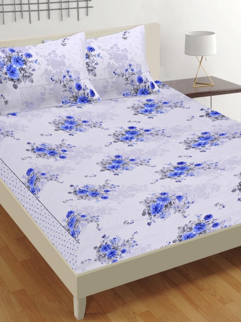

Tistabene Off-White & Blue Floral 180 TC Cotton 1 King Bedsheet with 2 Pillow Covers