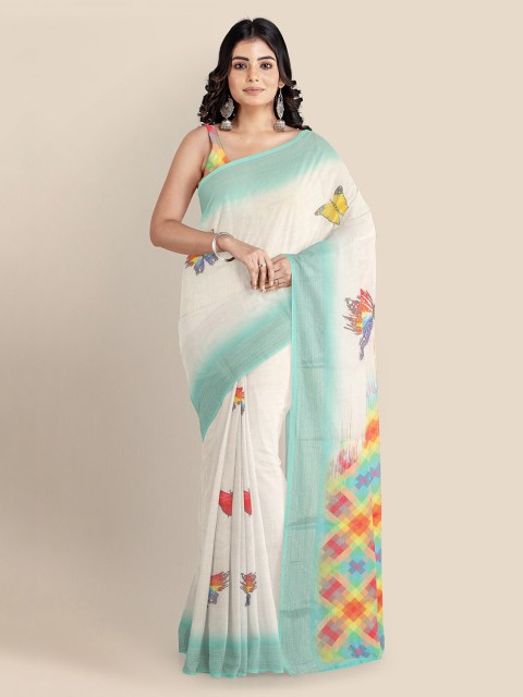 

KLM Fashion Mall Off-White Printed Linen Blend Saree