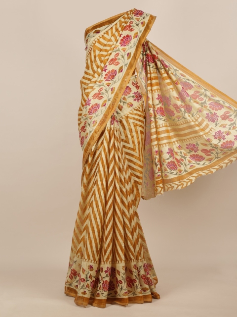 

Pothys Mustard Yellow Printed Jute Silk Saree