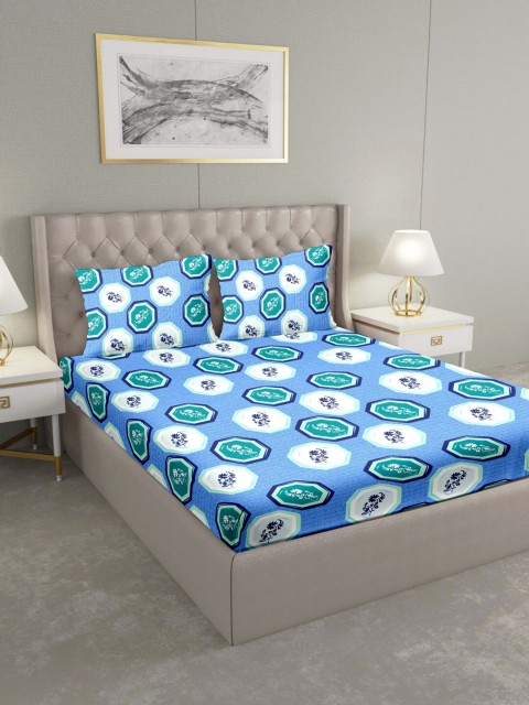 

BELLA CASA Blue & White Graphic 124 TC Cotton 1 King Bedsheet with 2 Pillow Covers