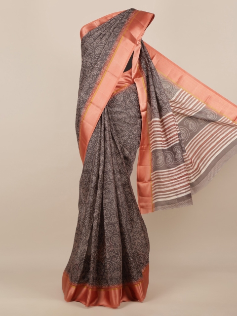 Pothys Grey Printed Jute Silk Saree