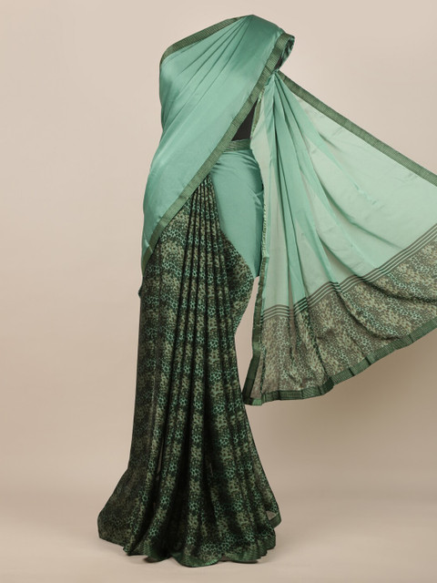 

Pothys Green Poly Chiffon Floral Printed Half and Half Saree
