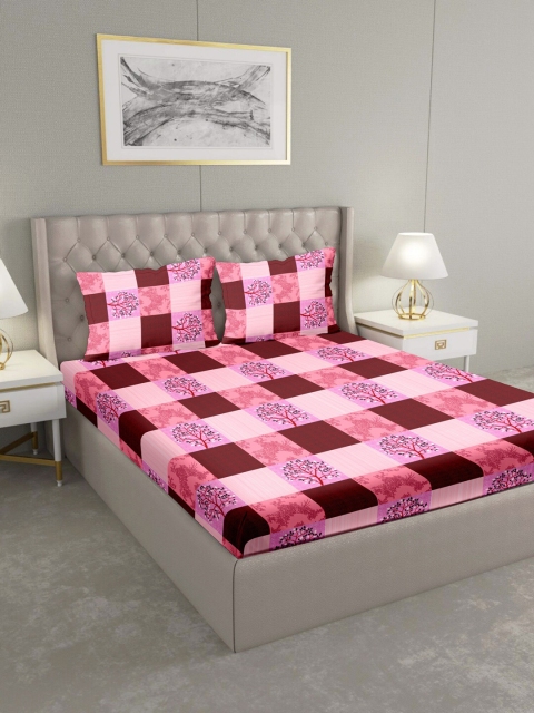 

BELLA CASA Pink & Maroon Floral 124 TC Cotton 1 King Bedsheet with 2 Pillow Covers