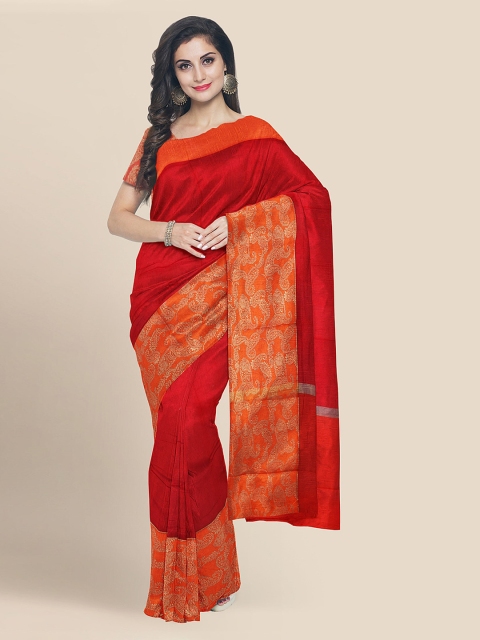 

KLM Fashion Mall Red Cotton Blend Solid Banarasi Saree