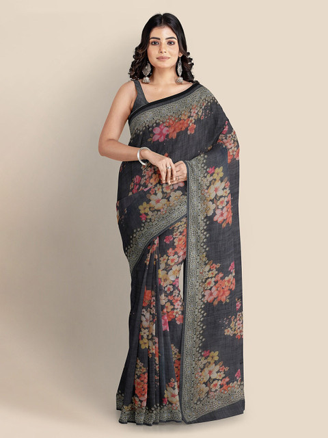 

KLM Fashion Mall Black Printed Linen Blend Saree