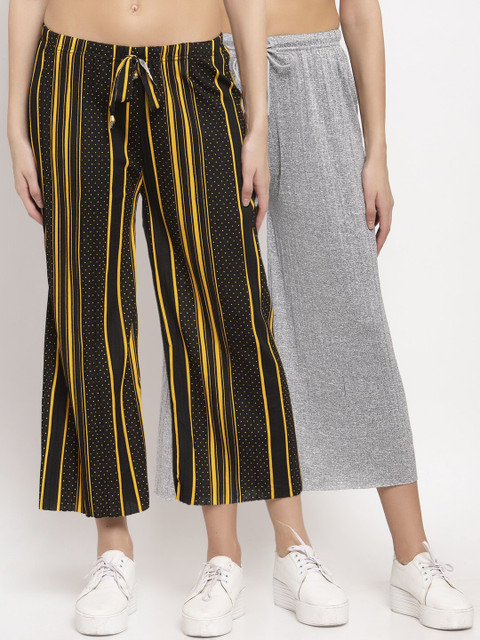 

KLOTTHE Women Pack Of 2 Wide Leg Palazzos, Grey melange