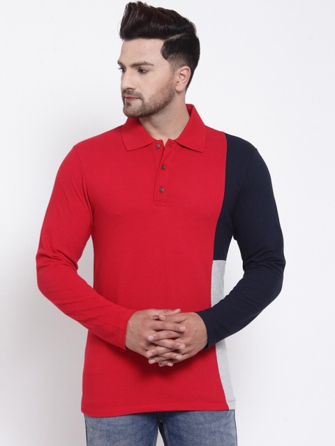 

Kalt Men Red & Navy Blue Colourblocked Polo Collar T-shirt