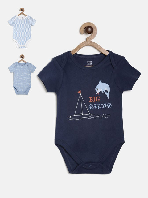 

MINI KLUB Infant Boys Pack Of 3 Printed Bodysuits, Navy blue