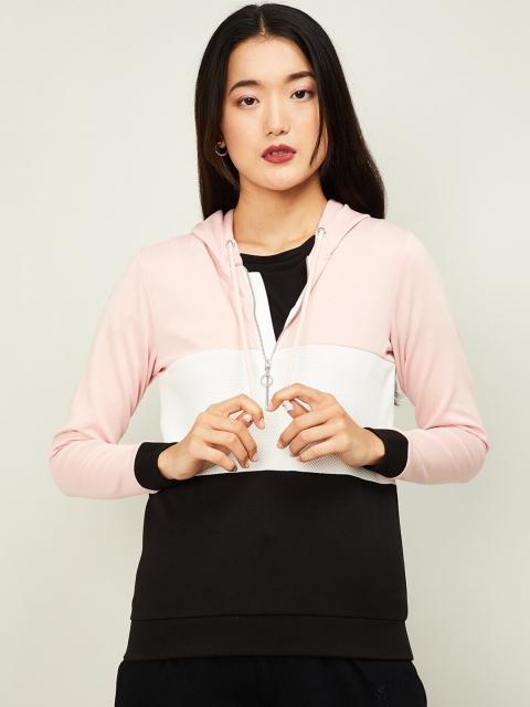 

Bossini Women Pink & Black Colourblocked Hooded Sweatshirt