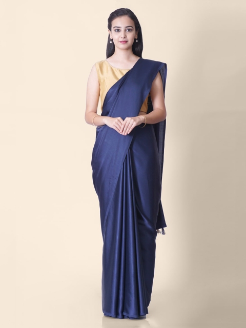 

Hastakala Navy Blue Satin Solid Banarasi Saree